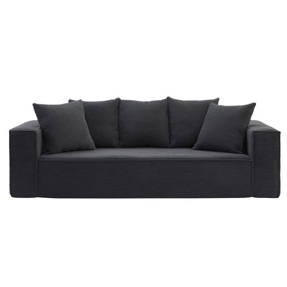 88.97inch Corduroy Sofa with 5 Matching Toss Pillows, Sleek Design, Spacious and Comfortable 3 Seater Couch for Modern Living Room.