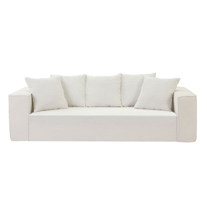 88.97inch Corduroy Sofa with 5 Matching Toss Pillows, Sleek Design, Spacious and Comfortable 3 Seater Couch for Modern Living Room.