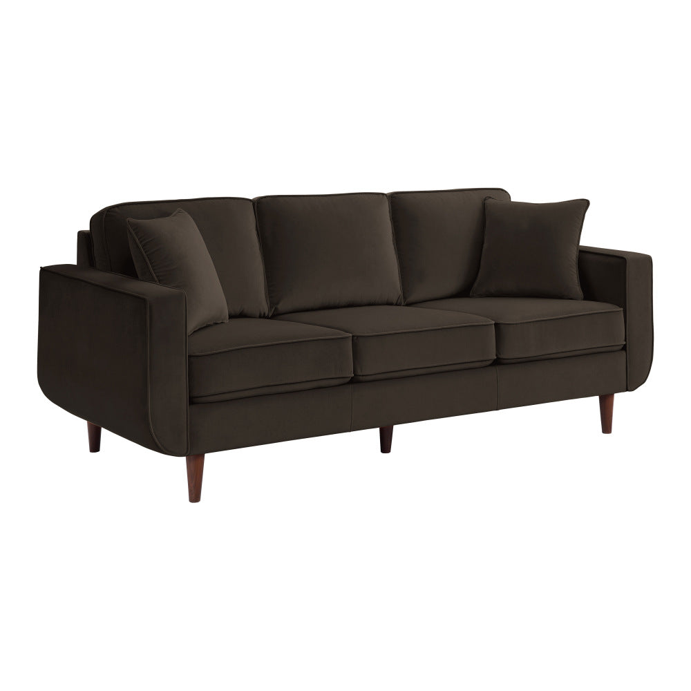 Mid-Century Modern Chocolate Hue Velvet Upholstered 1pc Loveseat with 2 Pillow Classic Living Room Furniture Solid Wood