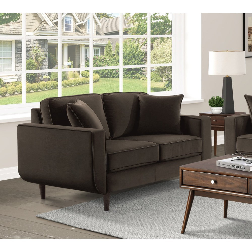 Mid-Century Modern Chocolate Hue Velvet Upholstered 1pc Loveseat with 2 Pillow Classic Living Room Furniture Solid Wood