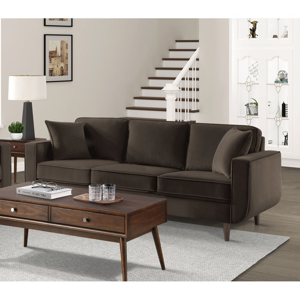 Mid-Century Modern Chocolate Hue Velvet Upholstered 1pc Loveseat with 2 Pillow Classic Living Room Furniture Solid Wood