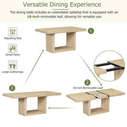 Contemporary 6-Piece 78inch Extendable Pedestal Dining Table Set with 18inch Removable Leaf and Dining Bench, 4 Upholstered Dining Chairs, Natural