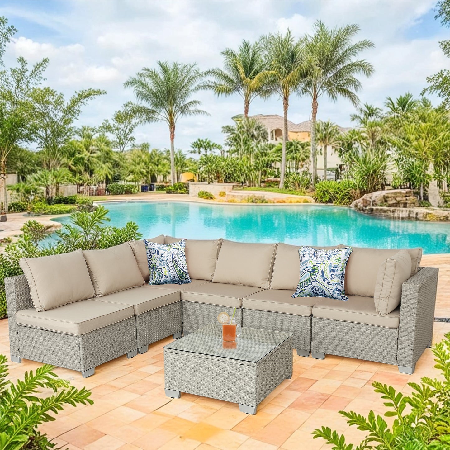 7-piece straight back outdoor sofa set with coffee table