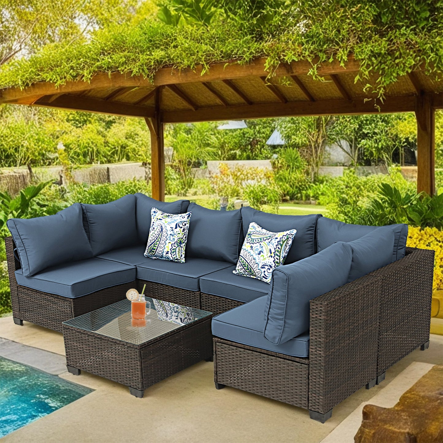 7-piece straight back outdoor sofa set with coffee table