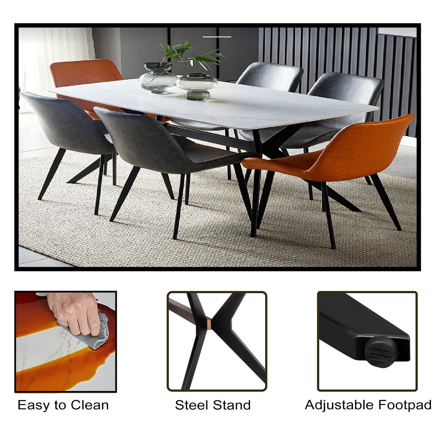 Modern Marble Dining Table for4-6-8, Sintered Stone Top, Durable & Easy-Clean