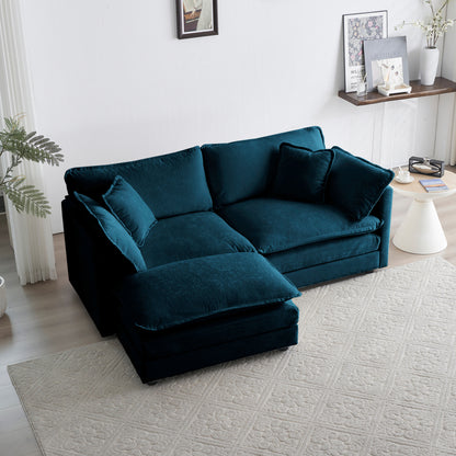 Two-Seater Sofa with 1 Footrest, 2 Seater L-Shaped Sectional with Ottoman,Loveseat with Ottoman for Small Living Space,Blue Chenille