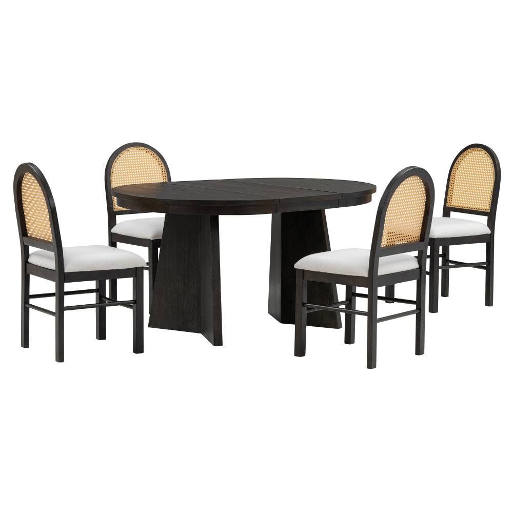 5-Piece Retro Functional Dining Set with 1 Extendable Dining Table and 4 Upholstered Chairs