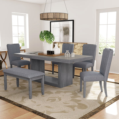 Contemporary 6-Piece 78inch Extendable Pedestal Dining Table Set with 18inch Removable Leaf and Dining Bench, 4 Upholstered Dining Chairs, Natural