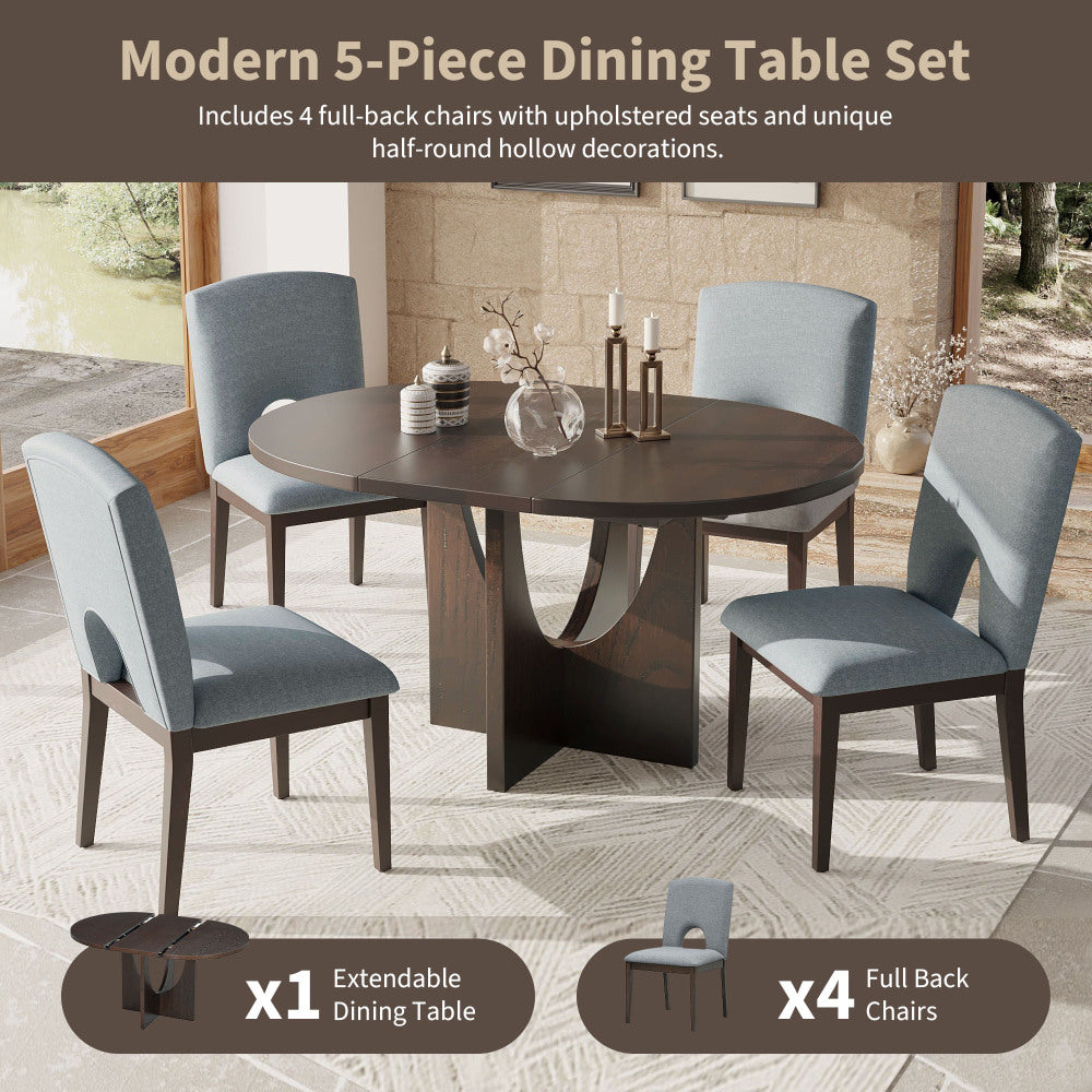 Modern 5-Piece Extendable Round Dining Table Set with 16.2inch Removable Leaf for Small Places