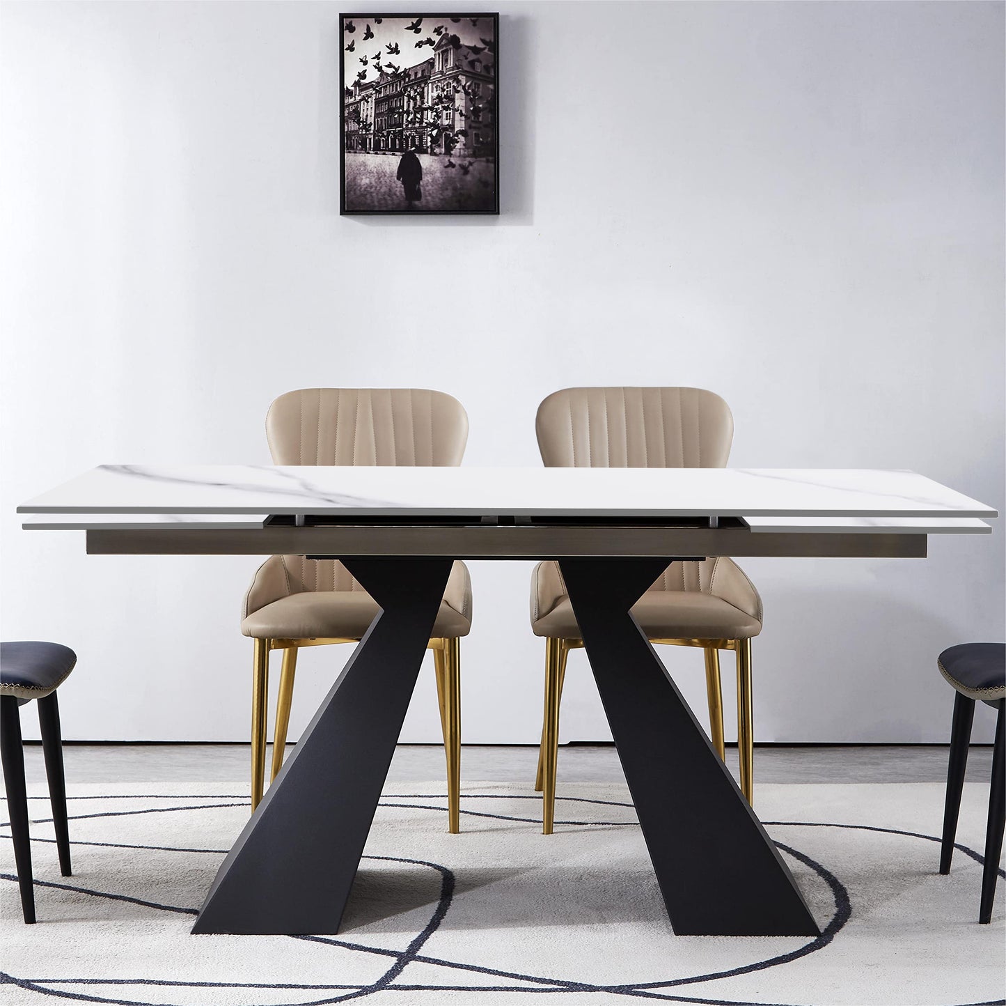 Modern Extendable Dining Table, 6-8 Seats, Solid Carbon Steel Base, 55"-79" Adjustable, White