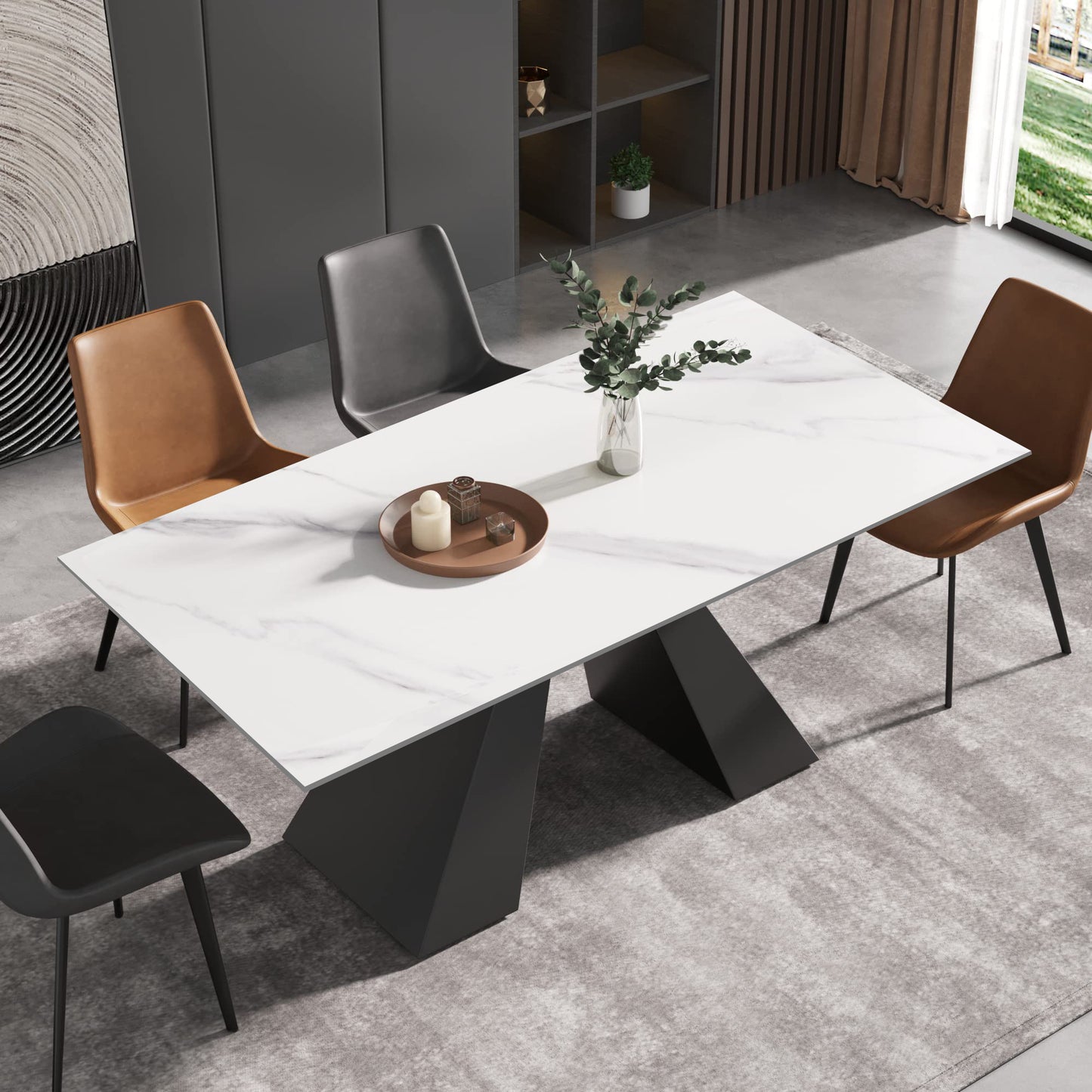 Modern Extendable Dining Table, 6-8 Seats, Solid Carbon Steel Base, 55"-79" Adjustable, White