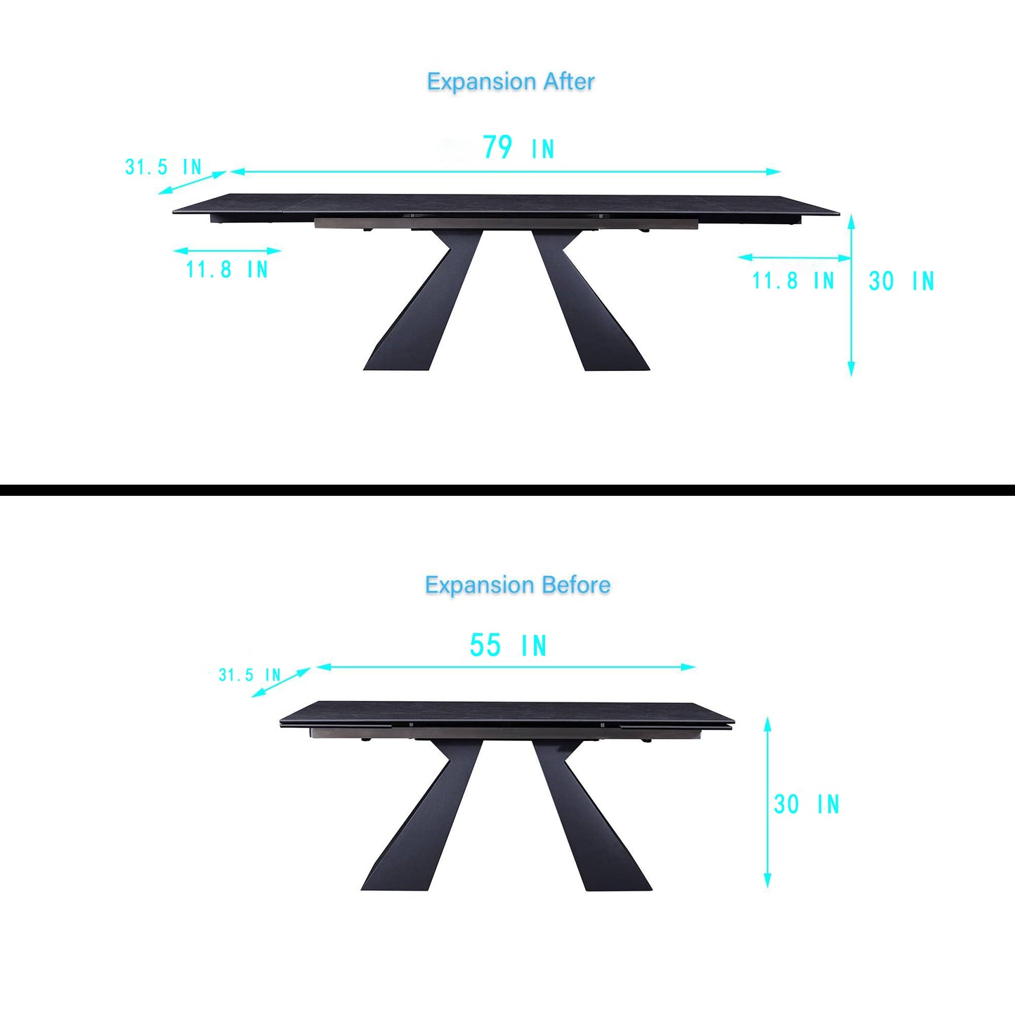 Modern Extendable Dining Table, 6-8 Seats, Solid Carbon Steel Base, 55"-79" Adjustable, White