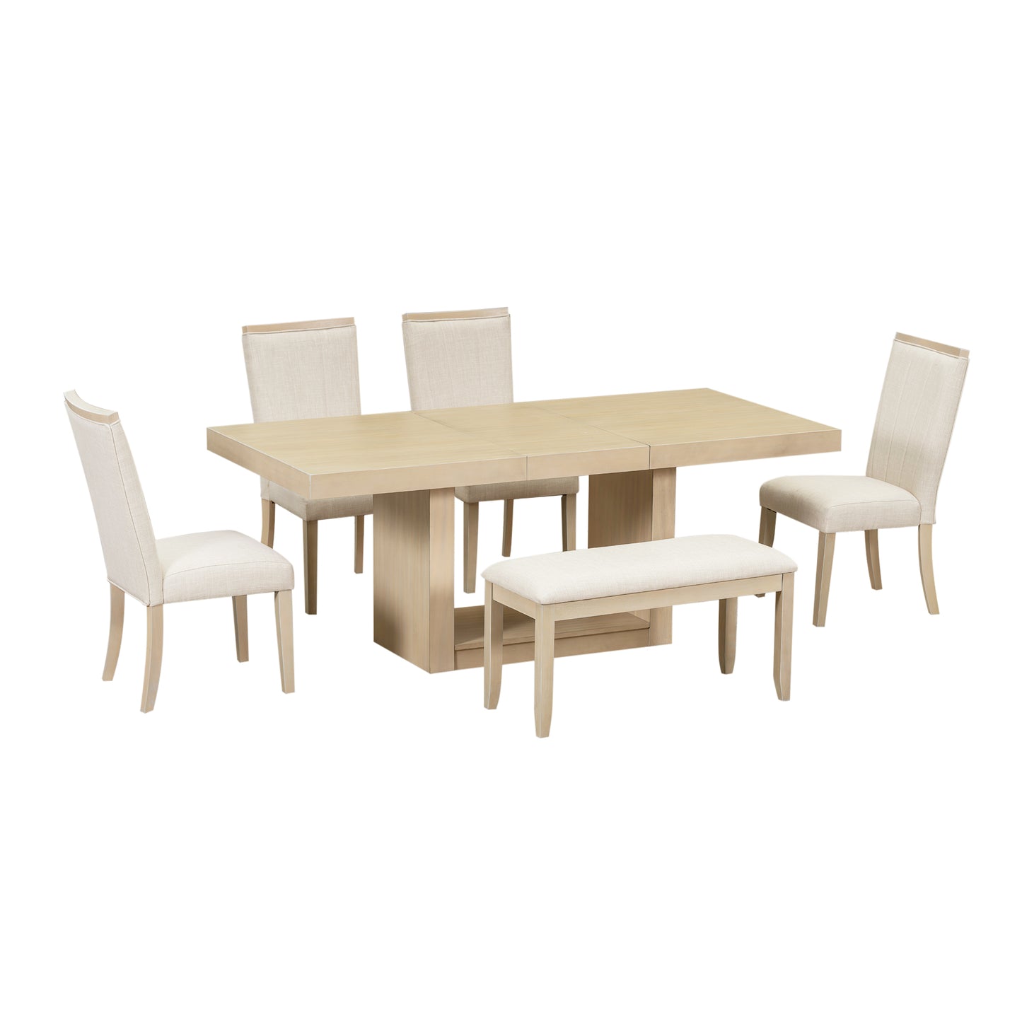 Contemporary 6-Piece 78inch Extendable Pedestal Dining Table Set with 18inch Removable Leaf and Dining Bench, 4 Upholstered Dining Chairs, Natural