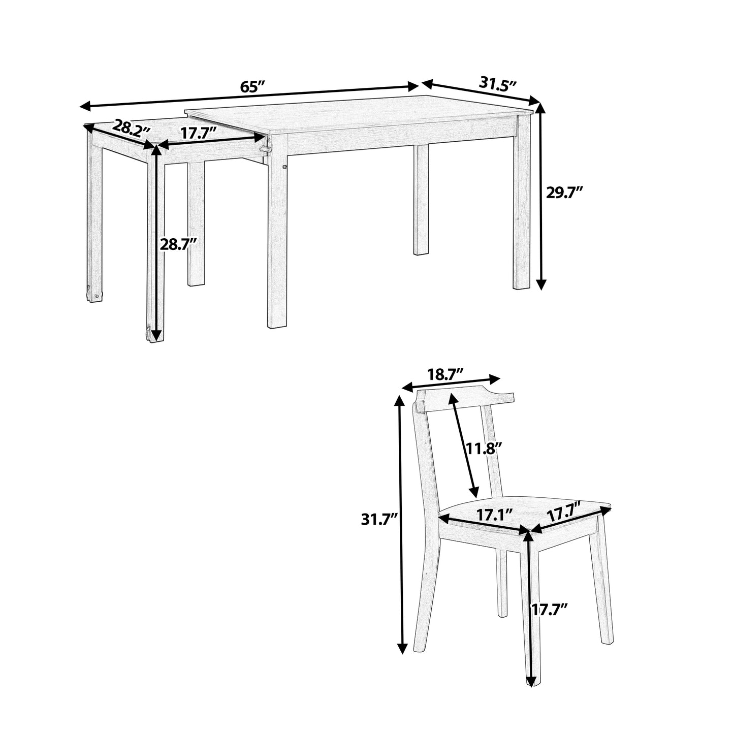 65" 5-Piece Extendable Dining Table Set with Wheels Kitchen Table Set with 17.7" Pull-out Side Table and Dining Chairs for Small Places