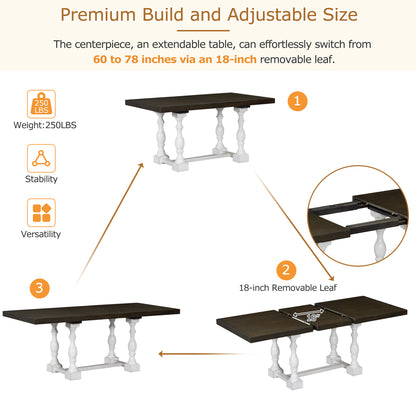 Traditional 6-Piece 78inch Trestle Extendable Dining Table Set with One 18inch Removable Leaf, Padded Dining Chairs and Bench,Distressed White