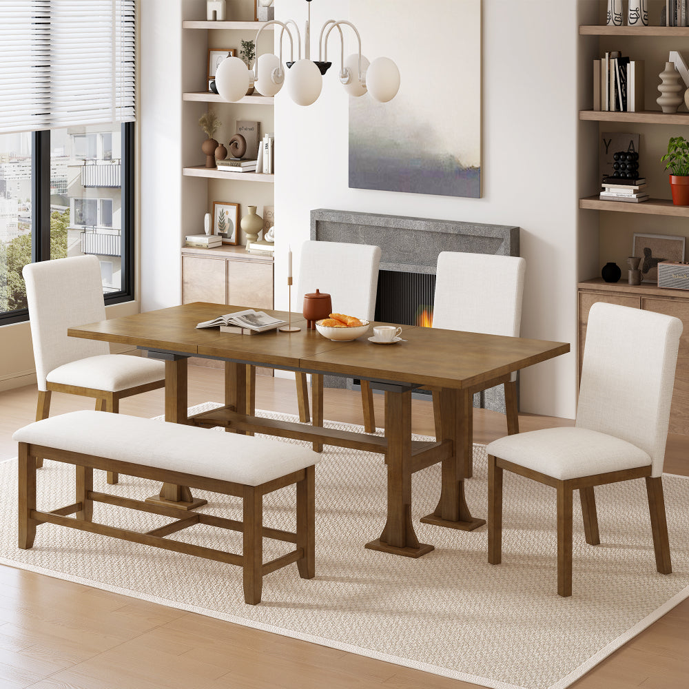 Farmhouse 76 inch 6-Piece Extendable Dining Table Set Trestle Kitchen Table