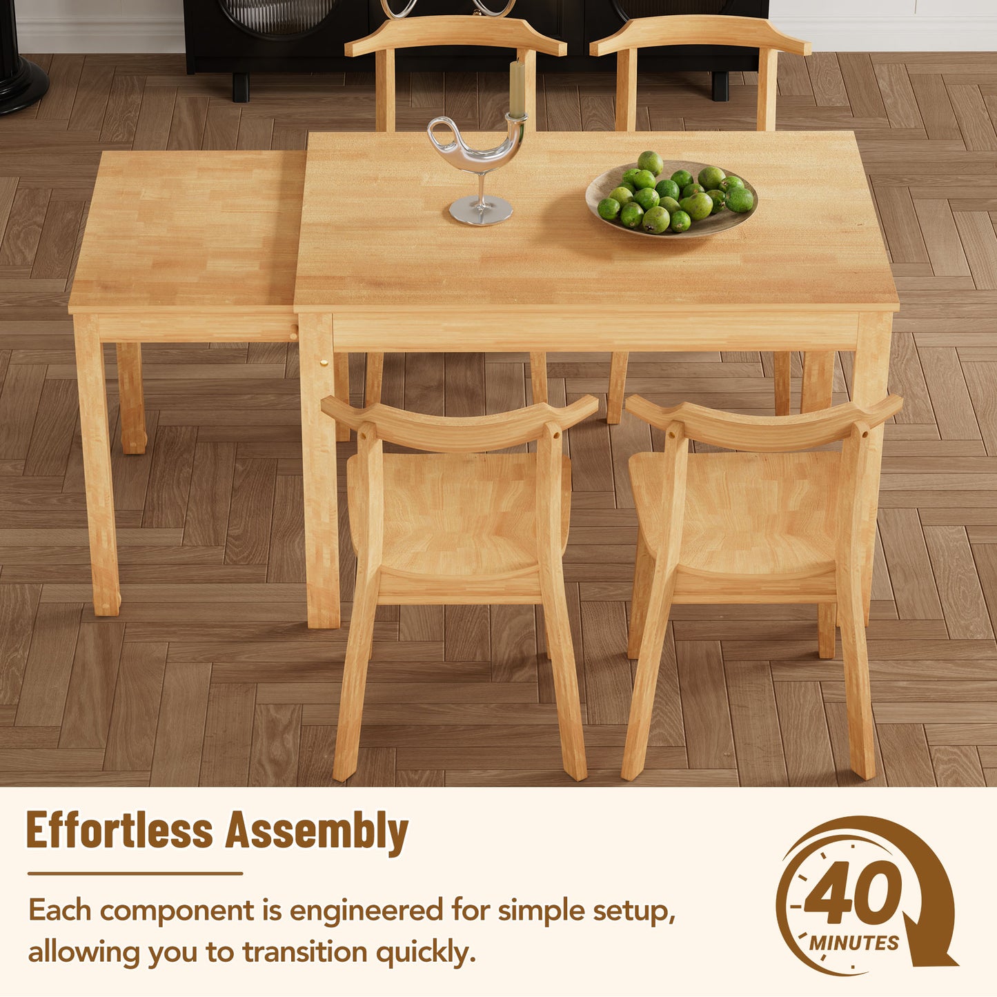 65" 5-Piece Extendable Dining Table Set with Wheels Kitchen Table Set with 17.7" Pull-out Side Table and Dining Chairs for Small Places