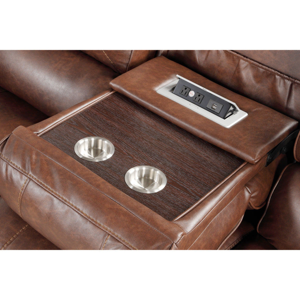 Leather-Air Nailhead Manual Reclining Sofa with Storage Console and USB Port