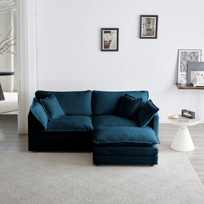 Two-Seater Sofa with 1 Footrest, 2 Seater L-Shaped Sectional with Ottoman,Loveseat with Ottoman for Small Living Space,Blue Chenille