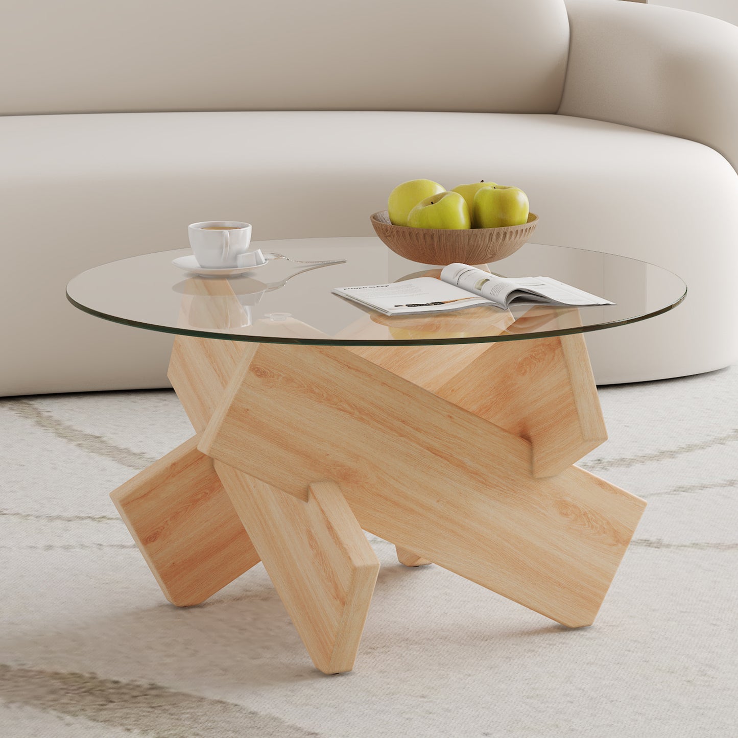 Circular glass coffee table, 33.4-inch modern and distinctive design tea table