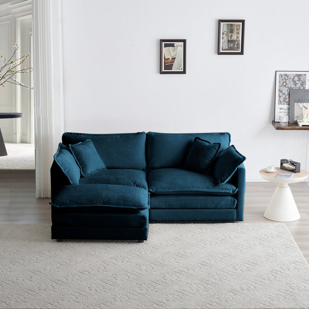 Two-Seater Sofa with 1 Footrest, 2 Seater L-Shaped Sectional with Ottoman,Loveseat with Ottoman for Small Living Space,Blue Chenille