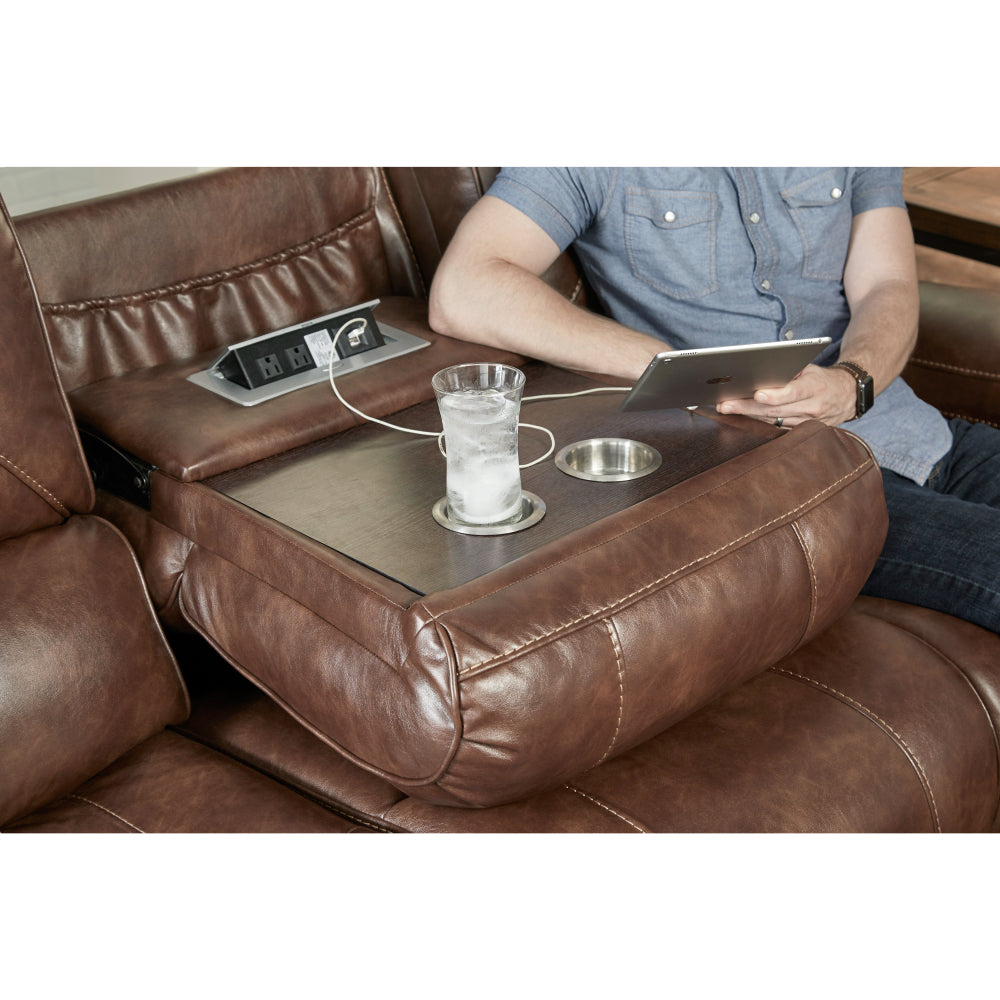 Leather-Air Nailhead Manual Reclining Sofa with Storage Console and USB Port