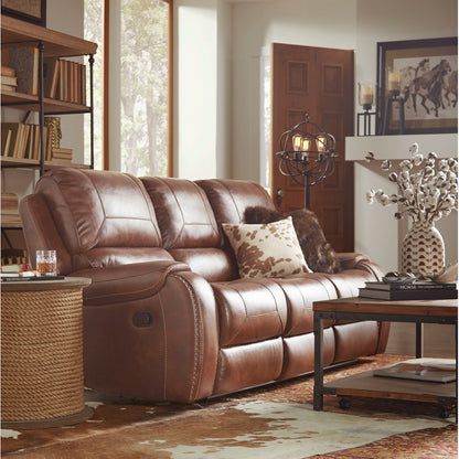 Leather-Air Nailhead Manual Reclining Sofa with Storage Console and USB Port