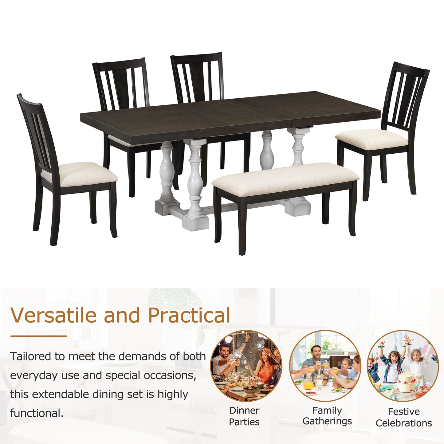 Traditional 6-Piece 78inch Trestle Extendable Dining Table Set with One 18inch Removable Leaf, Padded Dining Chairs and Bench,Distressed White