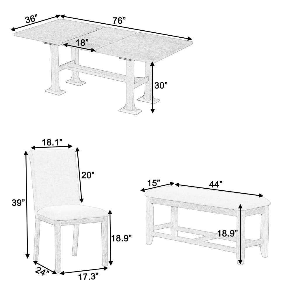 Farmhouse 76 inch 6-Piece Extendable Dining Table Set Trestle Kitchen Table