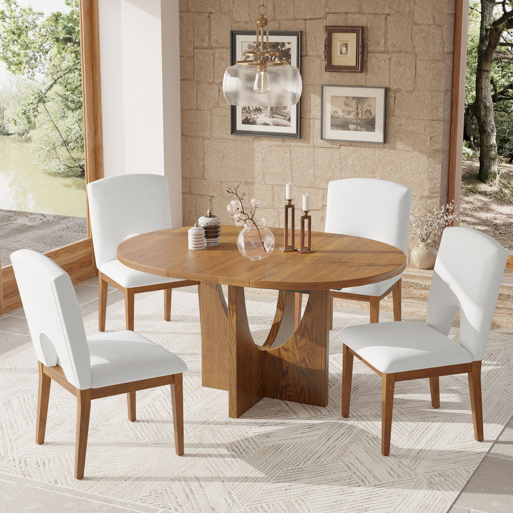 Modern 5-Piece Extendable Round Dining Table Set with 16.2inch Removable Leaf for Small Places